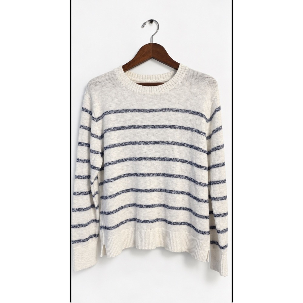 J.Crew Women L White Blue Striped Knit Crewneck Pullover Sweater Long Sleeve
